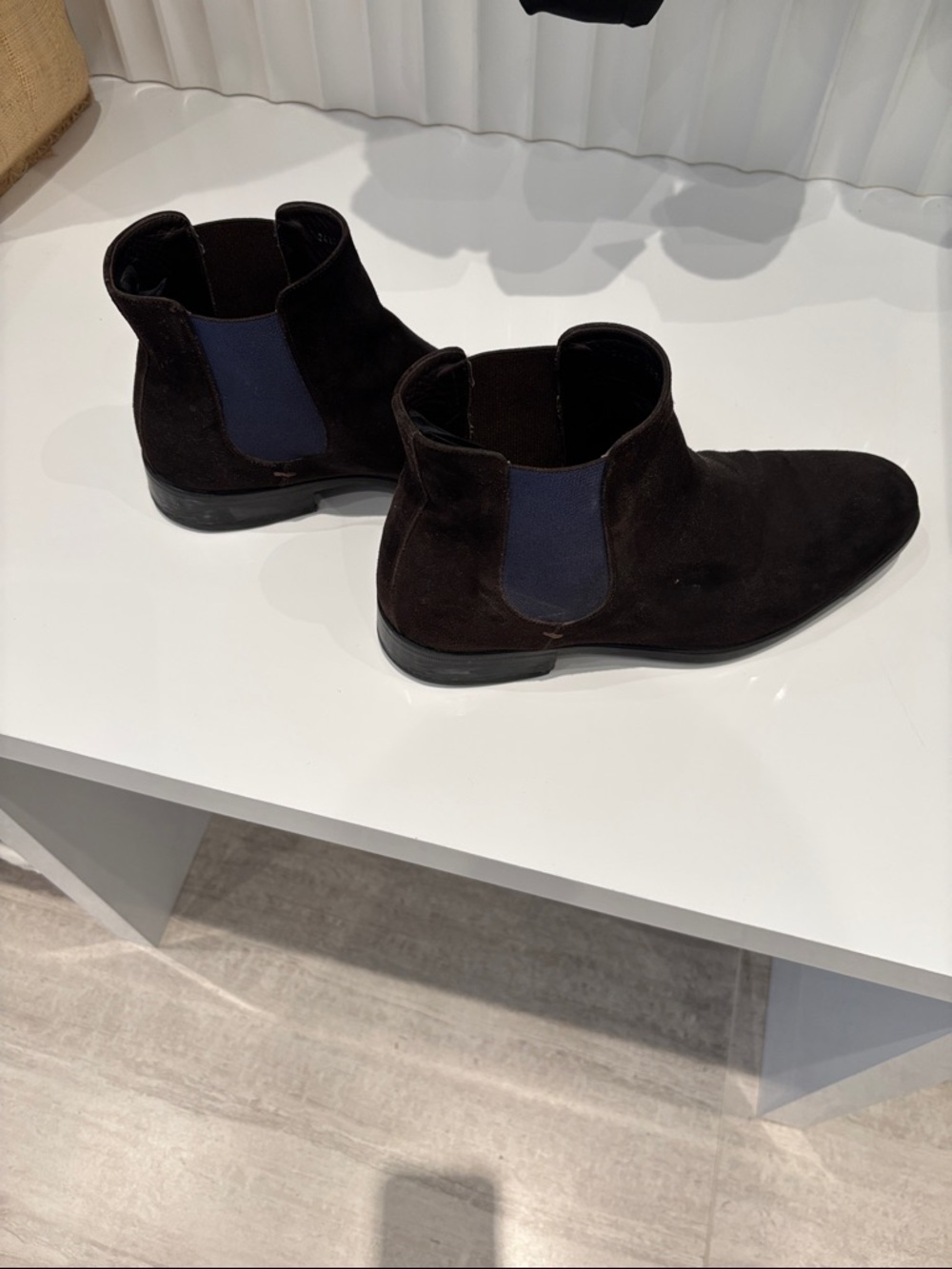Salvatore Ferragamo Dark Brown Suede Chukka Boots with Navy Elastic